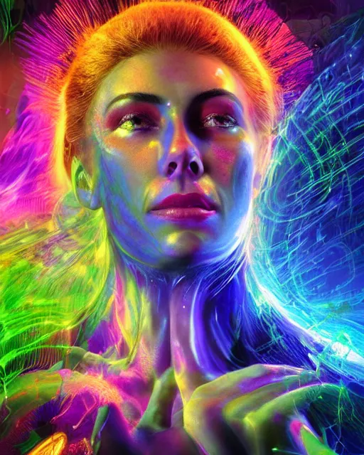 Image similar to a powerful energy psychedelic matrix woman, by alexander fedosav, hyper detailed digital matte painting, concept art, hyperrealism, 1 6 k resolution, cinema 4 d, 8 k resolution, trending on artstation, behance hd, a masterpiece, by stephan martiniere, particles, cel - shaded, power bright neon energy, by david a. hardy,