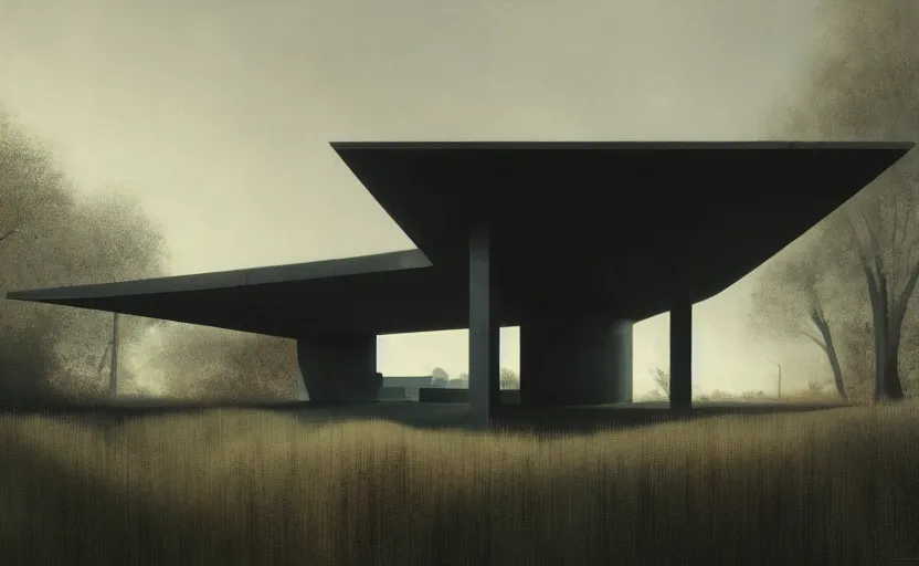 Image similar to An Exterior wide angle shot of a cyberpunk futuristic modern architecture house by Peter zumthor, Zaha Hadid and James Turrell, Craig Mullins, Edward Hopper and James Gilleard, Zdzislaw Beksinski, Mark Ryden, Wolfgang Lettl highly detailed, hints of Yayoi Kasuma , Dark atmospheric sad and cinematic lighting, Trending on artstation, Archviz, Archdaily, Deezen, Design milk, Architectural visualisation