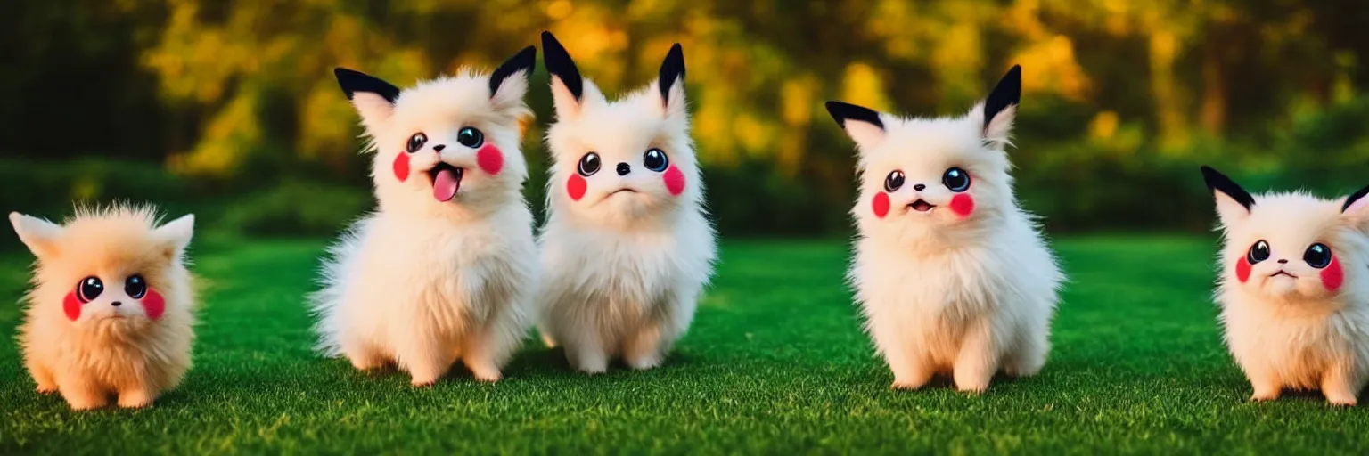 Image similar to real life pokemons, cute!!!, content!!!, mischievous!!!, adorable!!!, little furballs, fluffy!!!, ultra realistic!!!, golden hour, sharp focus