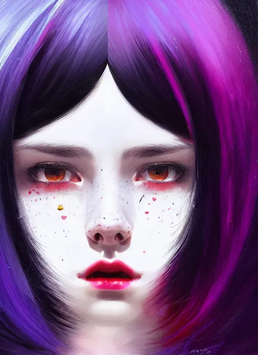 Image similar to hair whitebangs hair, black hair, portrait of teenage girl with white bangs, whitebangsblackhair, messy bangs, curly bangs, whitebangs, red irises, purple clothes, intricate, elegant, glowing lights, highly detailed, digital painting, artstation, concept art, sharp focus, illustration, art by wlop, mars ravelo and greg rutkowski