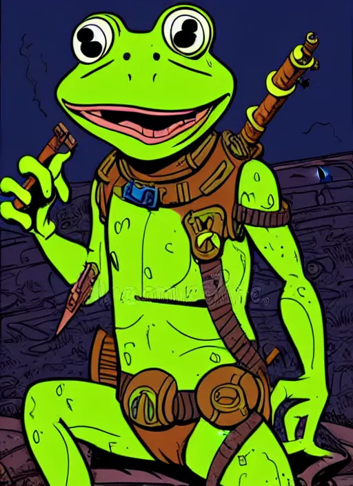 Image similar to an anthropomorphic frog dressed as a wasteland raider, in a post-apocalyptic wasteland, illustration in the style of Don Bluth, ralph bakshi, Peter Laird, Jamie Hewlett