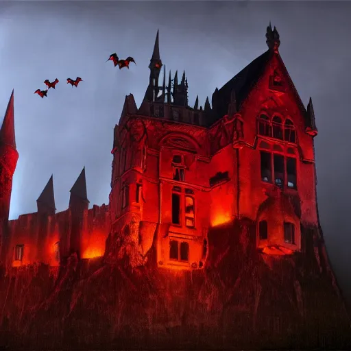 Image similar to wide angle photo of a gothic castle, the sky is red, many bats flying around in the sky, eerie fog, nightmare miasma, trending on artstation,