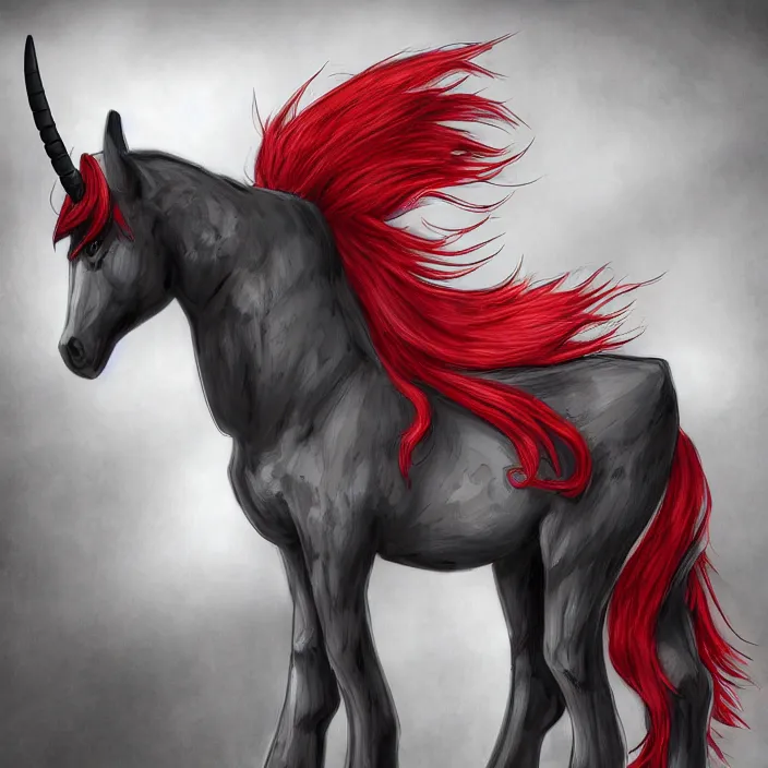 Image similar to Fallout Equestria Project Horizons | Blackjack Character Fanart | White MLP Unicorn Mare with red and black shaggy hair, and bright, robotic eyes. | Cutie Mark is: Ace and Queen of Spades | Trending on ArtStation, Digital Art, MLP Fanart, Fallout Fanart | Blackjack sitting and looking depressed at the viewer | Hyperrealistic CGI Photorealistic Cyborg Unicorn