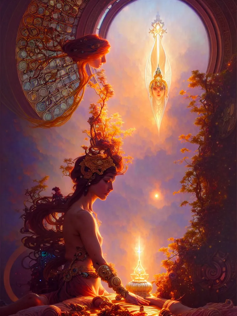 Image similar to ultra realistic, altar of cosmic goddess, intricate details, eerie, awakening, artstation, atmospheric, highly detailed, photorealistic, hyperrealism, 8k, art by artgerm and greg rutkowski and alphonse mucha