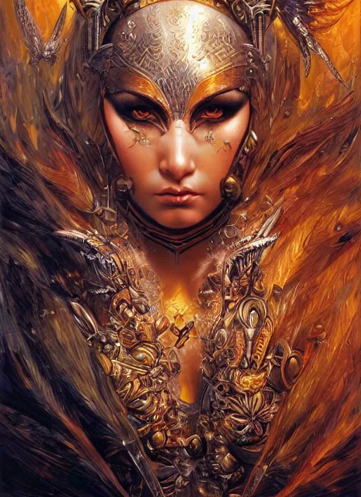 Image similar to a highly detailed symmetrical painting of a furious female amazon with piercing beautiful eyes, trending on artstation, deviantart, art by artgerm and karol bak and mark brooks