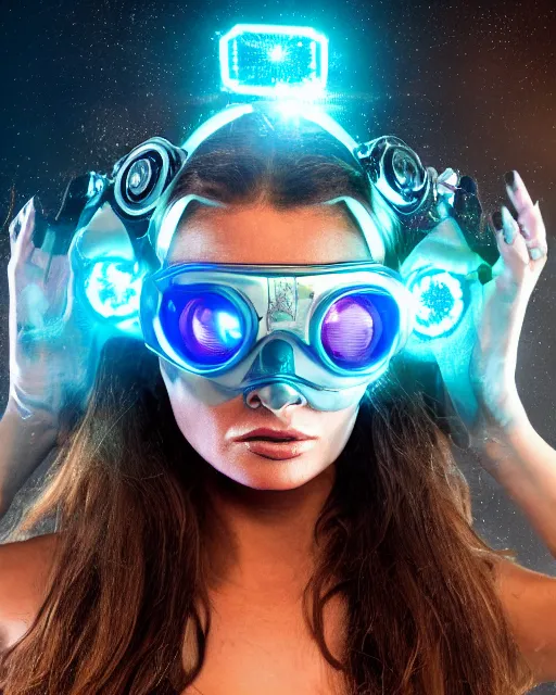 Image similar to centered portrait of flirtatious young carmen electra as a solarpunk mecha humanoid robotic parts wearing goggles with bright turquoise lights, real human face, pudica pose by bouguereau, inside white room, ultra - realistic and intricate, soft portrait shot 8 k