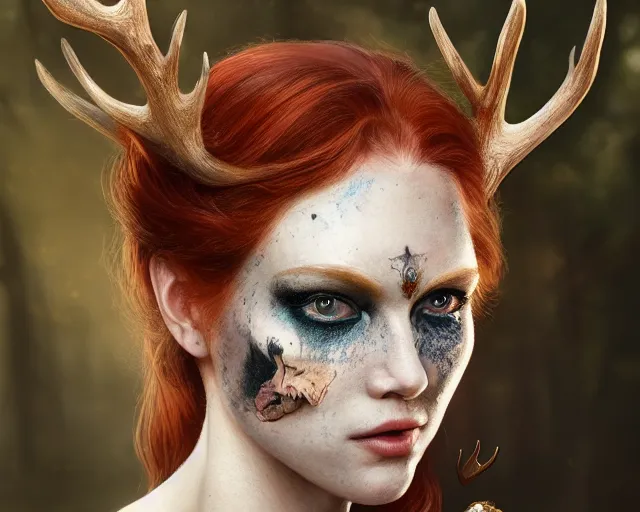 Prompt: 5 5 mm portrait photo of an armored gorgeous aesthetic redhead woman warrior with a face tattoo and antlers growing from her head and cat on her shoulder, in a magical forest. art by greg rutkowski. highly detailed 8 k. intricate. lifelike. soft light. nikon d 8 5 0.