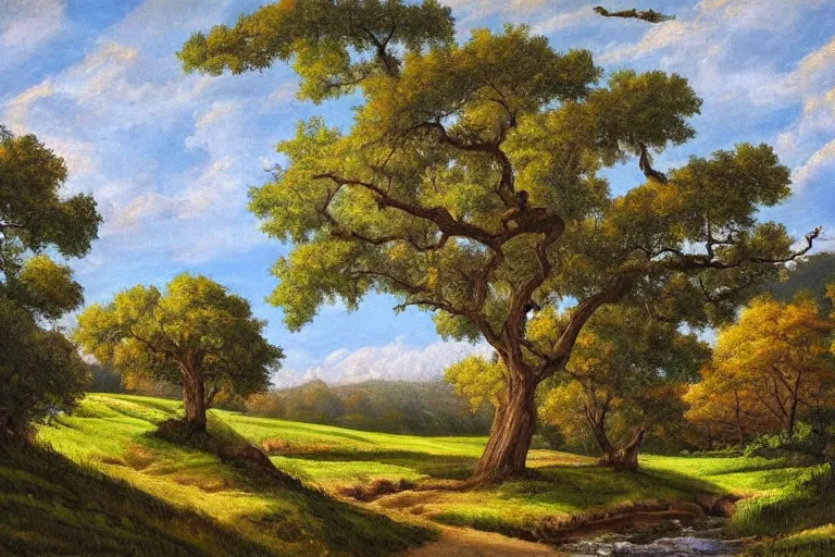 Image similar to masterpiece painting of oak trees on a hillside overlooking a creek, dramatic lighting, by charles santore