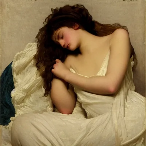 Image similar to a teenage girl lying on the floor, wearing a nightgown, by Frederic Leighton