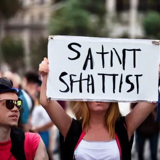 Prompt: protestor holding up a sign that says the word spaghetti, photorealistic