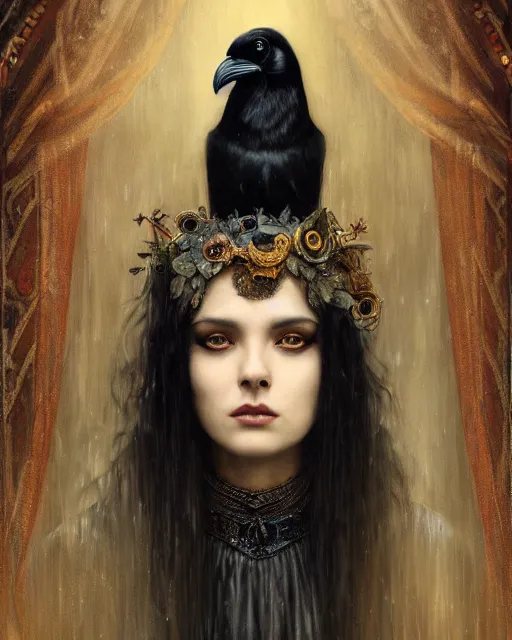 Image similar to a portrait of the Raven Queen, otherworldly beautiful, large dark eyes, dark magic, illustration, dramatic lighting, soft details, painting oil on canvas, art nouveau, octane render, HDR, 4k, 8k, HD, by Edmund Blair Leighton, Brom, Charlie Bowater, trending on artstation, Tom Bagshaw faces by otto Schmidt