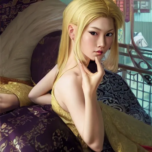 Prompt: Blonde Girl from Yakuza with thin lips, pronounced cheekbones, hair of medium length (longer caret), highly detailed, digital painting, artstation, concept art, smooth, sharp focus, illustration, ArtStation, art by artgerm and greg rutkowski and alphonse mucha and J. C. Leyendecker and Edmund Blair Leighton and Katsuhiro Otomo and Geof Darrow and Phil hale and Ashley wood and Ilya repin and Charlie Bowater