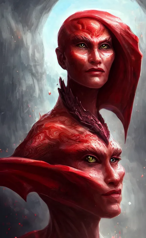 Image similar to face portrait of dragon kin woman, with pretty red ruby eyes, dynamic lighting, fantasy concept art, trending on art station, stunning visuals, creative, cinematic, ultra detailed