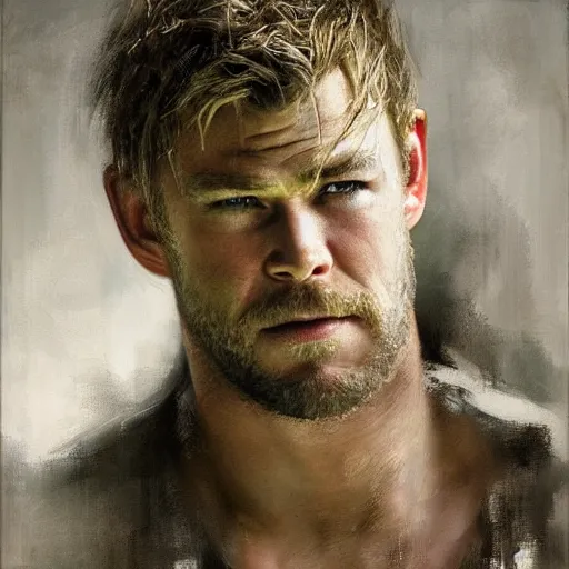 Image similar to portrait of an emotional chris hemsworth, by jeremy mann, anders zorn.