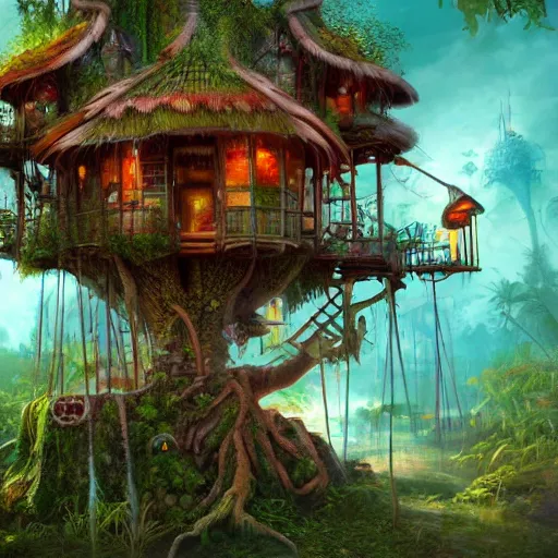 Image similar to tikipunk treehouse, fantasy oil painting, fine art, cinematic lighting, framed focus, hyperdetailed, 8k, high resolution, insanely detailed and intricate, surreal, trending on artstation, octane render