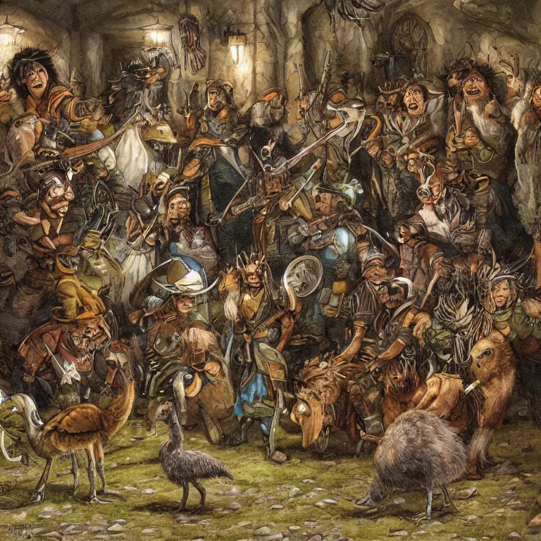 Prompt: a single emu surrounded by halflings in awe in a tavern, fantasy rpg book illustration