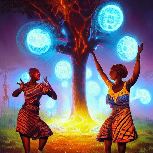 Prompt: african women dancing around a glowing, energized, steampunk neon portal near the electric tree of life in a lightning storm, by ross draws, greg rutkowski, loish, rhads, artgerm and justin bua!!!. oil on canvas, detailed and intricate environment, radiant lighting. highly detailed. masterpiece