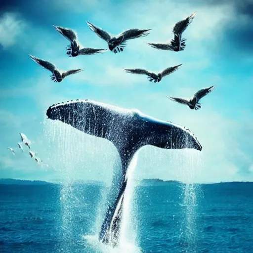 Image similar to photomanipulation of a huge whale that has tiny fairy wings