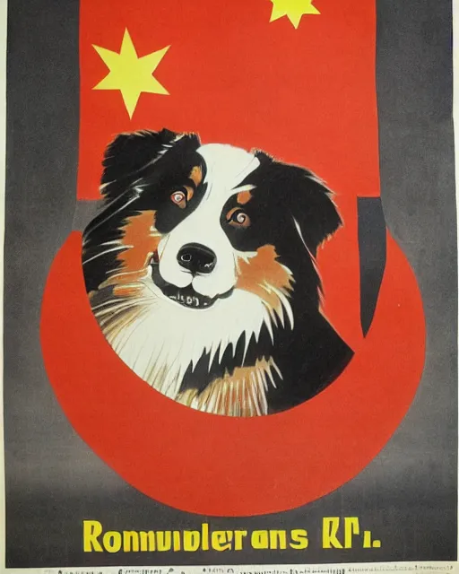 Image similar to communist propaganda poster of an australian shepherd soldier, communist china art