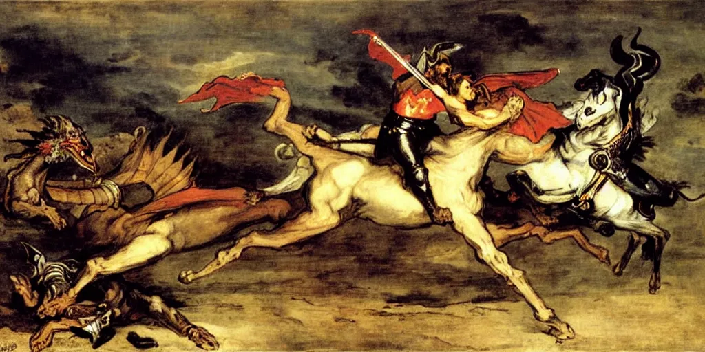 Image similar to knight fighting dragon, art by eugene delacroix