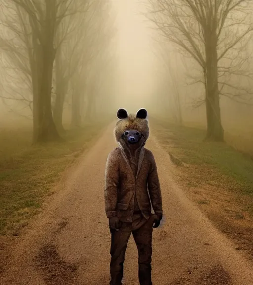 Prompt: foggy dirt road portrait of moderately stocky furry anthro anthropomorphic spotted hyena head animal person fursona wearing clothes horror gloomy digital art bokeh depth of field photo by Greg Rutkowski, Simon Stalenhag, christopher nolan trending on Artstation, CGSociety