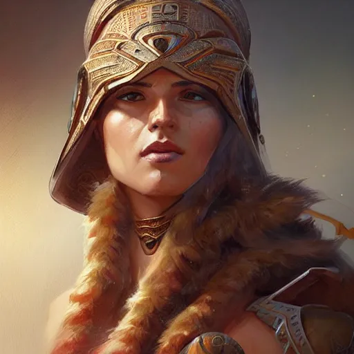 Image similar to female sumerian warrior, painted character portrait, highly detailed, digital painting, artstation, concept art, sharp focus, illustration, art by artgerm and greg rutkowski and alphonse mucha