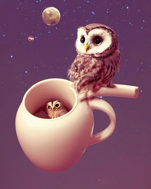 Image similar to long shot of a very cute owl chick nesting in a futuristic mug, esao andrews, humorous illustration, hyperrealistic, big depth of field, warm colors, whimsical cosmic night scenery, low light, 3 d octane render, 4 k, concept art, hyperdetailed, hyperrealistic, trending on artstation