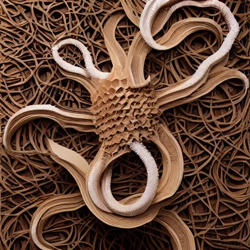 Image similar to tentacles made of brown corrugated cardboard, cut out of cardboard, realistic photography, fantasy