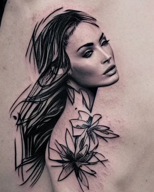 Image similar to creative double exposure effect tattoo design sketch of megan fox with beautiful mountain scenery, realism tattoo, in the style of matteo pasqualin, amazing detail, sharp