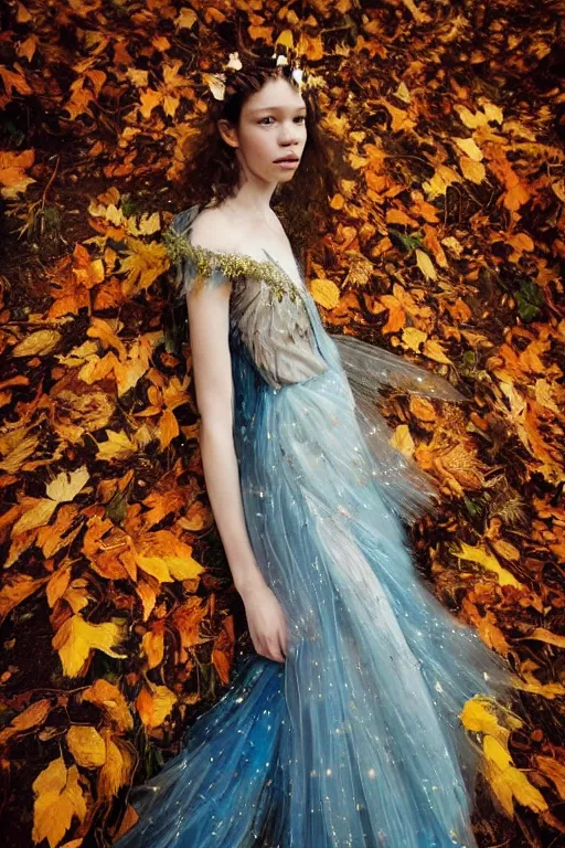 Prompt: masterwork full body photograph of astrid berges frisbey as a fairy. highly detailed sharp focus face. wearing a dress made out of stars. resting on a background of autumn leaves. fluid, dreamy, ethereal, vivid colours. wow! cinematic lighting. trending on artstation. cgsociety. by moebius. megapixels.