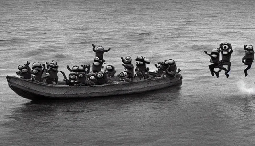 Image similar to “minions jumping out of boat into water on D-Day, 4k, cinematic, award winning”