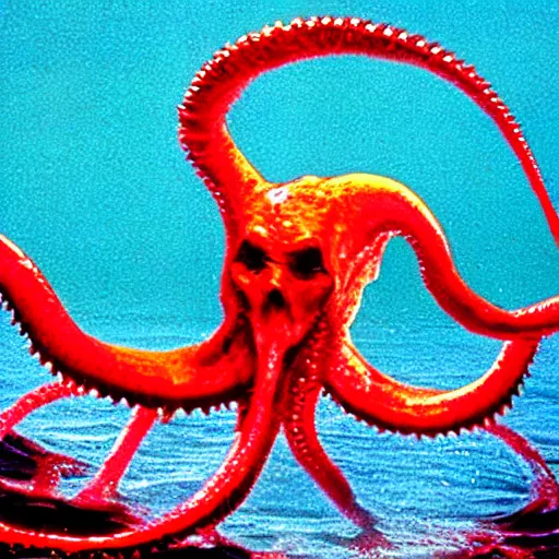 Image similar to the anti - christ rising from a red ocean with slimy tentacles. color detailed photograph from a 1 9 9 0 s horror movie.