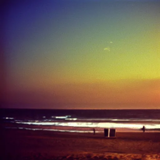 Prompt: california beach sunset on film, shot with an analog camera, washed out colour, looking out at the ocean