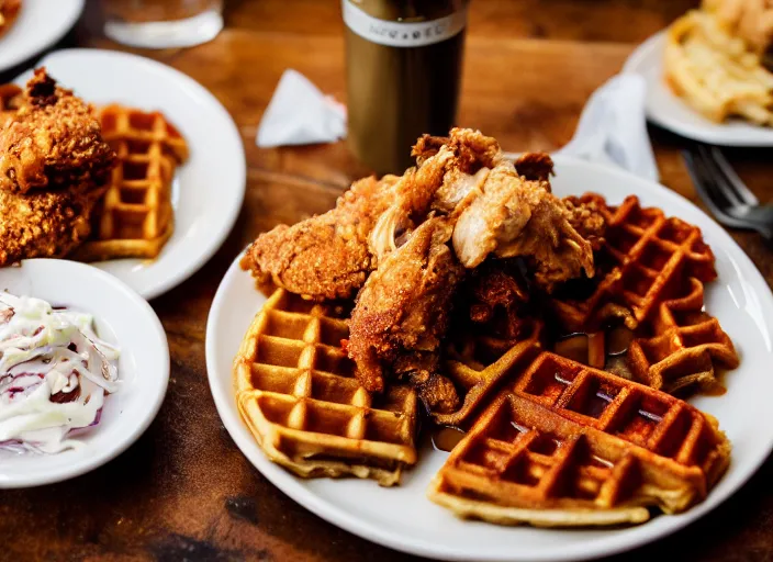 Image similar to dslr food photograph of chicken and waffles with a side of coke slaw, 8 5 mm f 1. 8