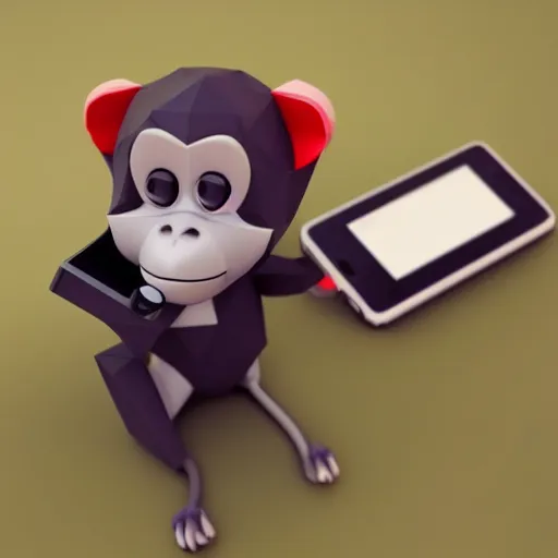 Image similar to an isometric cute 3 d low - poly render of a monkey playing with a sony walkman, soft lighting, unreal engine 5