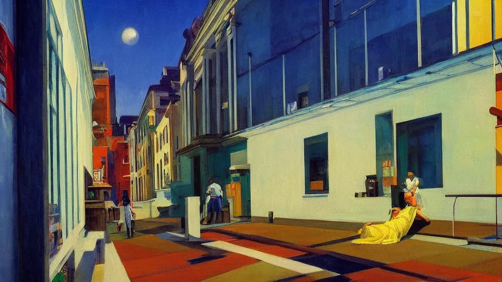 Prompt: Street art. paralyzed by the indescribable beauty of the cosmos. the work place of a painter artist. art style by Edward Hopper daring, incredible