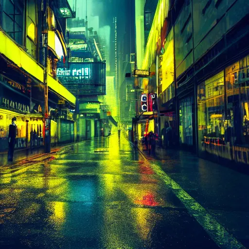 Prompt: professional photograph of a bustling neon dystopian city, rainy sidewalks, high quality, highly detailed, HD, 8K