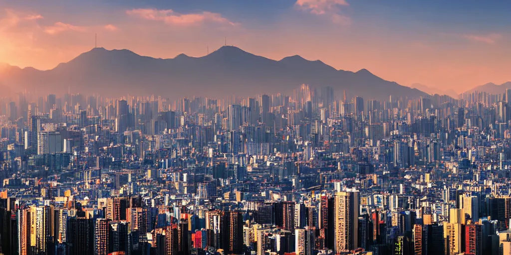 Prompt: Seoul city view, high rises with snow-capped mountains in the background, photograph, photorealism, atmospheric light, clouds, sunset time