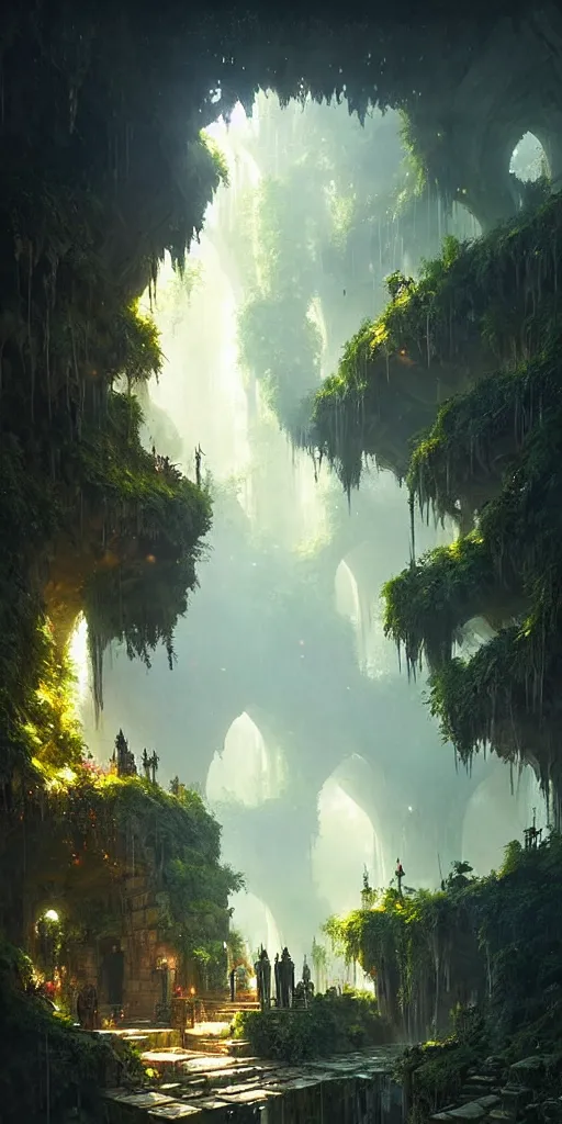 Image similar to City hidden in a cave, natural light, lush plants and flowers, elegant, intricate, fantasy, atmospheric lighting, by Greg rutkowski