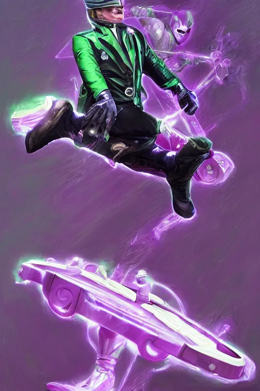 Image similar to portrait of johnny cash as purple green ranger from power rangers riding on guitar zord ufo hoverboard, intricate, highly detailed, smooth, artstation, digital illustration by Ruan Jia and Mandy Jurgens and Artgerm and Wayne Barlowe and Greg Rutkowski and Zdislav Beksinski