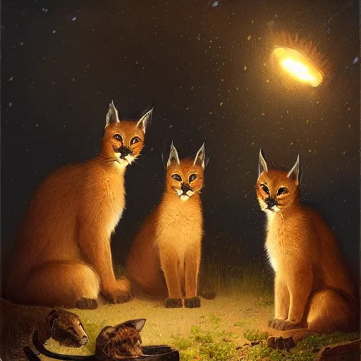 Image similar to three cute caracals wearing red ties with guitar, campfire, night, atmospheric lighting, intricate, volumetric lighting, digital art, highly detailed by gaston bussiere, craig mullins, j. c. leyendecker 8 k