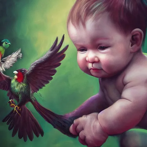 Image similar to a baby hulk with wings flying with birds, oil on canvas, portrait, intricate, 8k highly professionally detailed, HDR, CGsociety