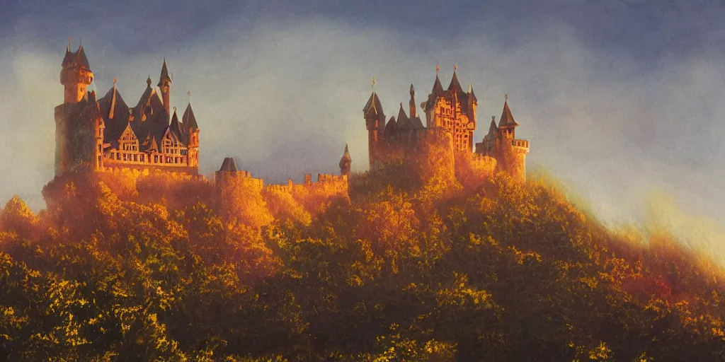 Prompt: a fantasy painting of a castle surrounded by a mist shot at golden hour on 3 0 mm film