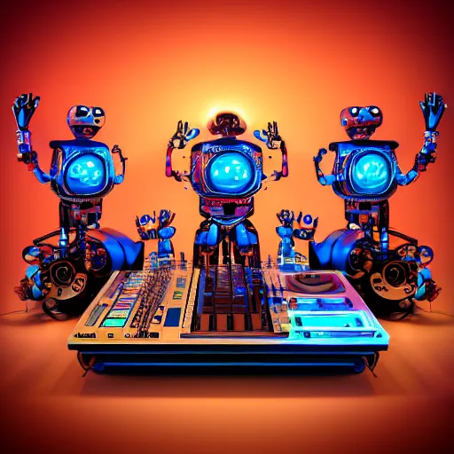 Image similar to album art, roborock, 3 steampunk spaced out robots on a dj desk with a cd mixer, 8 k, flourescent colors, halluzinogenic, multicolored, exaggerated detailed, front shot, 3 d render, octane