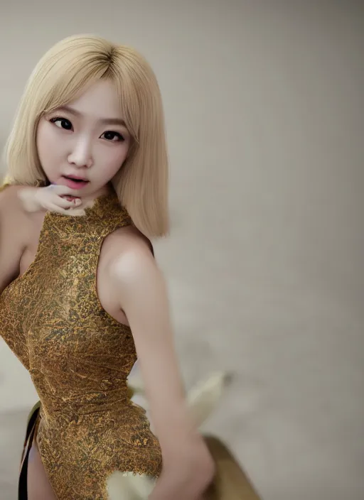 Image similar to portrait of an asian girl with blonde hair, in a fancy mansion, young cute beautiful face, wearing an expensive dress, detailed, 8 k, epic, charming, character, octane rendering, hyper - realistic