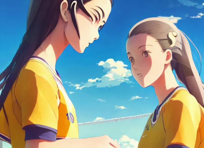 Prompt: side portrait of cute high school girl playing beach volley, sunny sky background stadium landscape illustration concept art anime key visual trending pixiv fanbox by wlop and greg rutkowski and makoto shinkai and studio ghibli and kyoto animation symmetrical facial features sports clothing futuristic yellow nike shirt