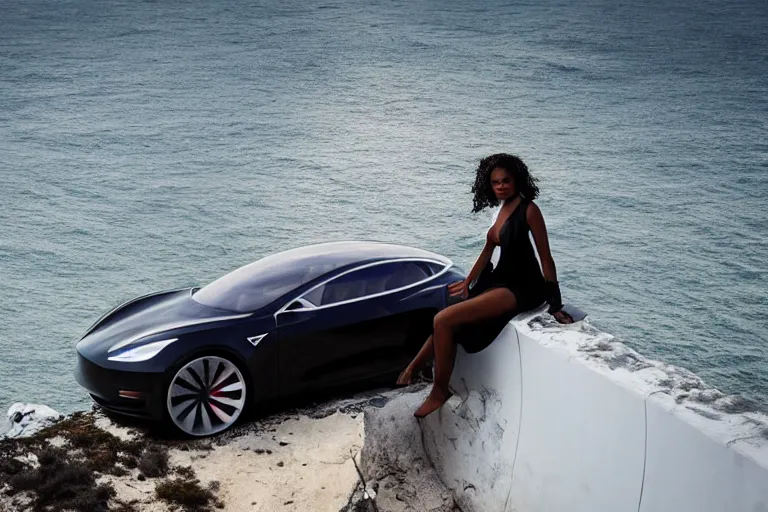 Prompt: photo of a gorgeous black model sitting on a Sci-fi Tesla on a cliff on the ocean By Emmanuel Lubezki