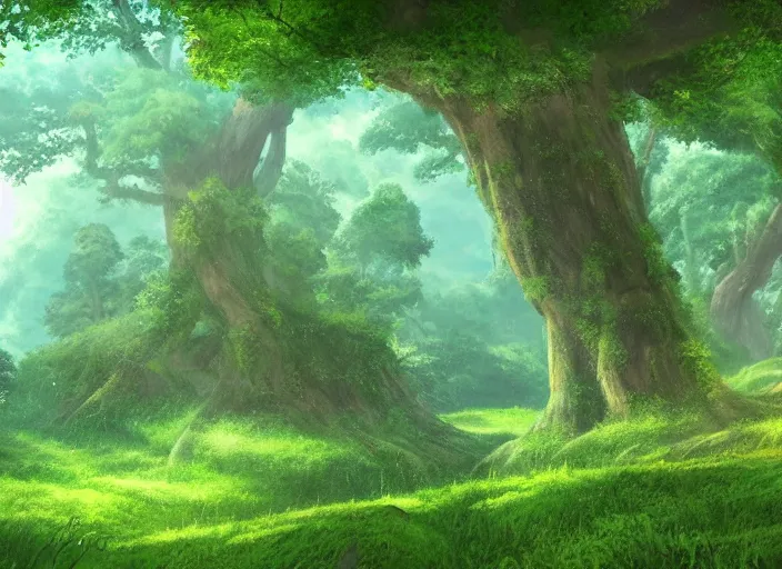 Image similar to A lush green forest by Ghibli Studio, digital art, immaculate scale