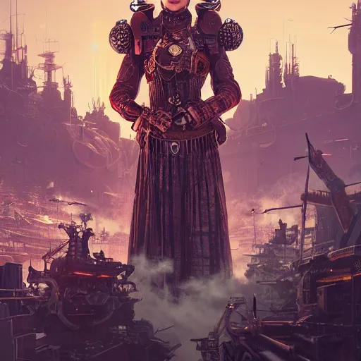 Prompt: queen elizabeth steampunk in apocalyptic setting. intricate artwork by Tooth Wu and wlop and beeple and dan mumford and greg rutkowski. halo. octane render, cinematic, hyper realism, octane render, 8k, depth of field, bokeh. iridescent accents. vibrant