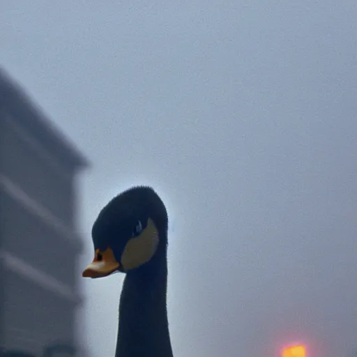 Image similar to close - up of a lonely duck under a street light, fog, still from a movie by bong joon - ho